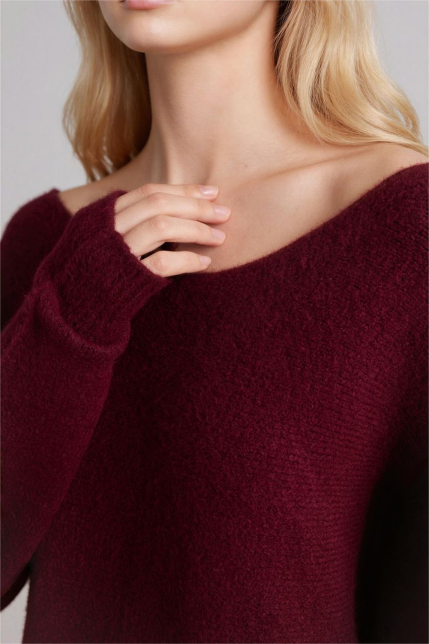 Kadın Bordo Regular Fıt Kayık Yaka Kazak