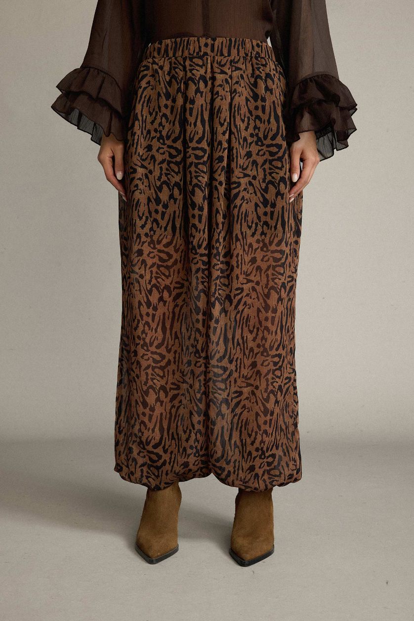 Kadın Açık Kahve Relax Fit Normal Bel Leopar Desenli Şifon Pantolon