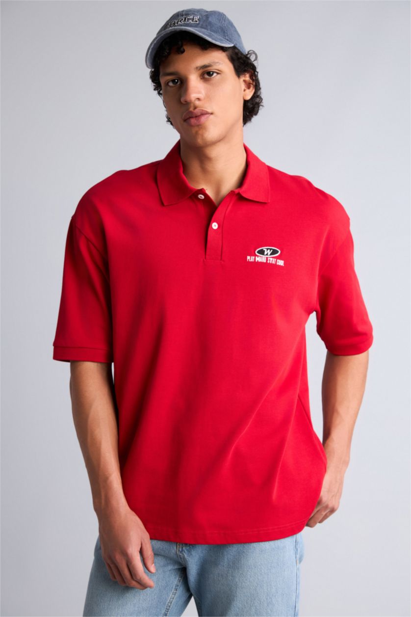 Erkek Kırmızı Loose Fit Baskılı Polo Tişört