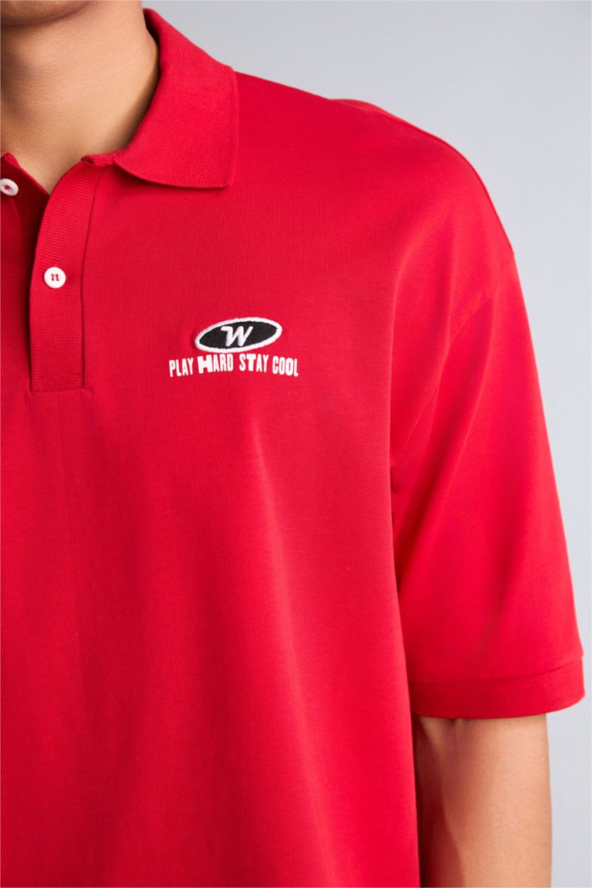 Erkek Kırmızı Loose Fit Baskılı Polo Tişört