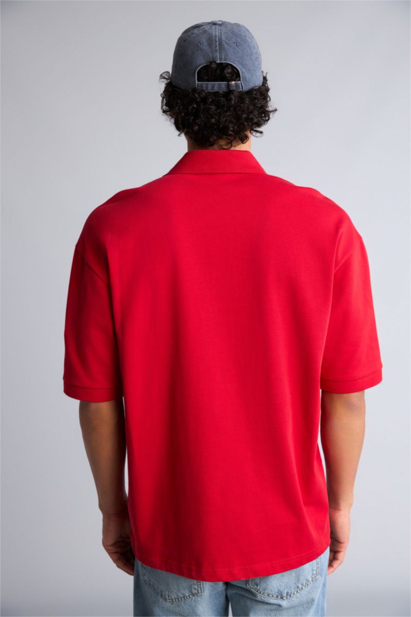 Erkek Kırmızı Loose Fit Baskılı Polo Tişört