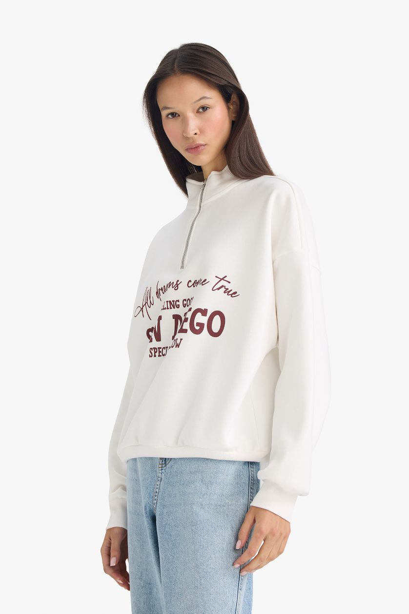Woman White Oversize Fit Half Zip Printed Thick Sweatshirt