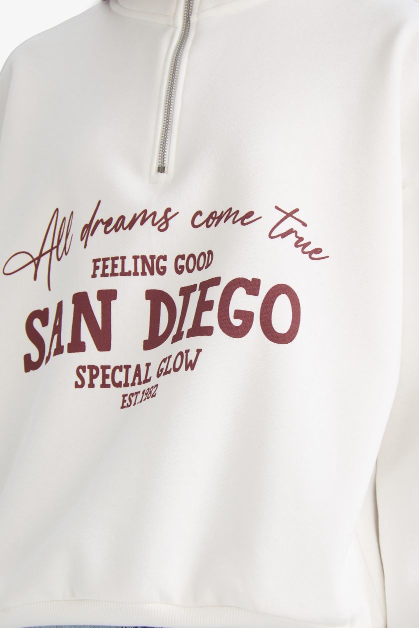 Woman White Oversize Fit Half Zip Printed Thick Sweatshirt