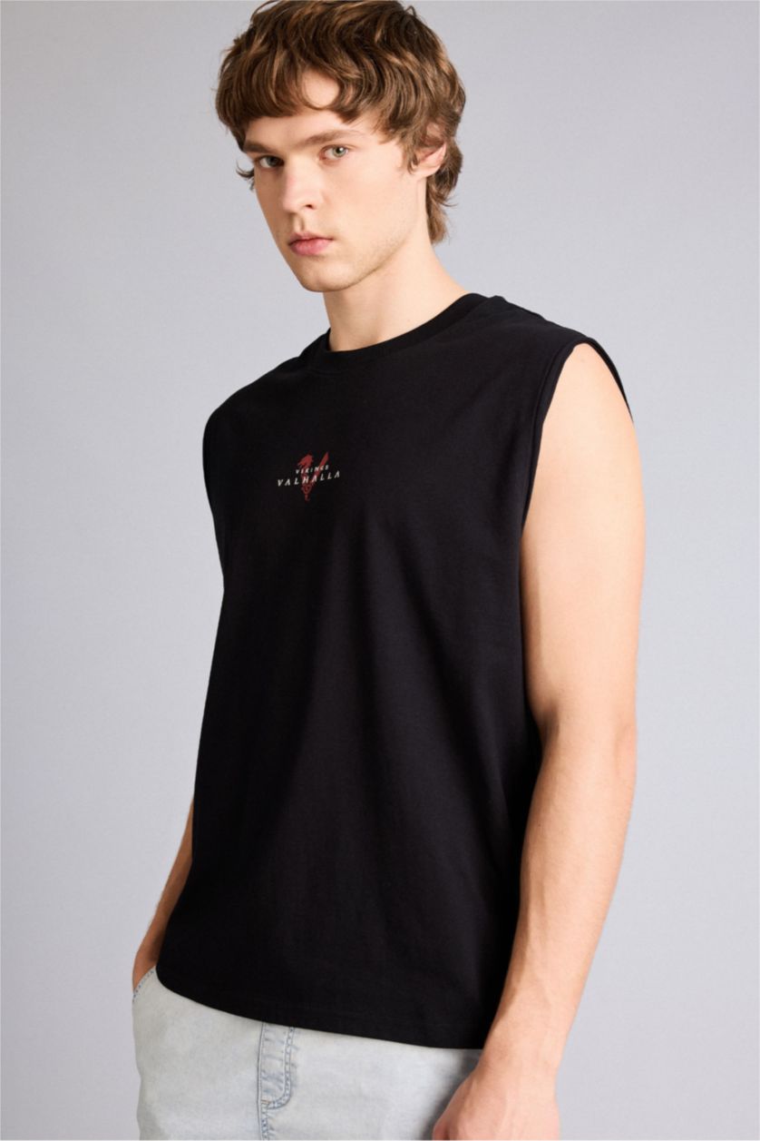 Мужчины Черный Майка Vikings Valhalla Boxy Fit с принтом и круглым вырезом