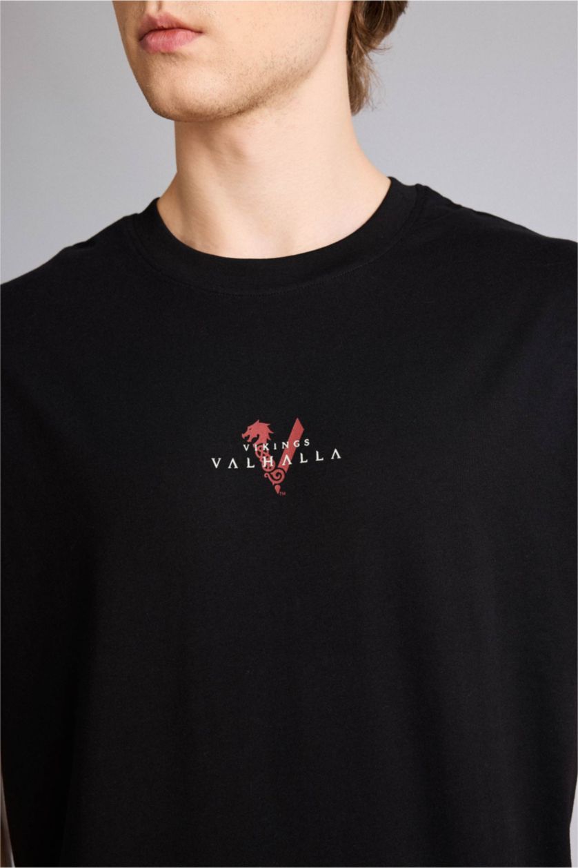 Мужчины Черный Майка Vikings Valhalla Boxy Fit с принтом и круглым вырезом