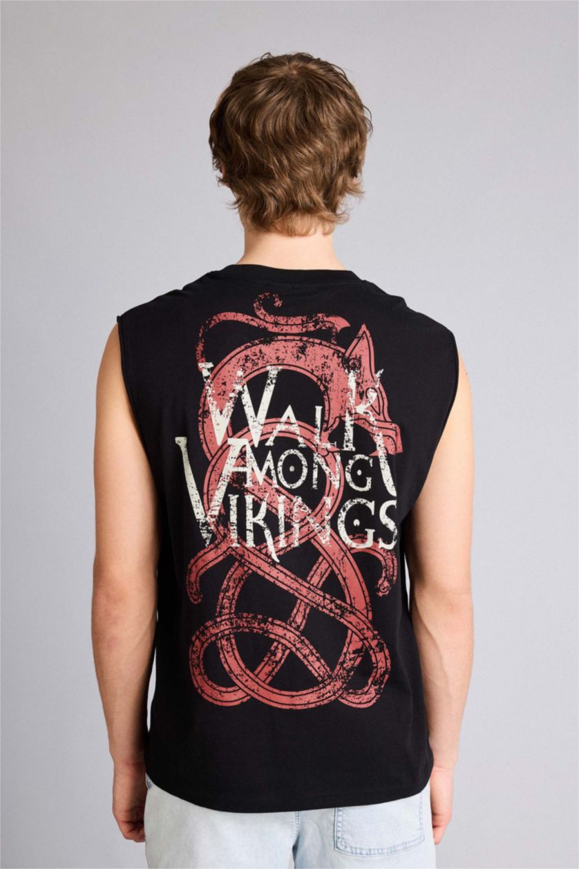 Мужчины Черный Майка Vikings Valhalla Boxy Fit с принтом и круглым вырезом