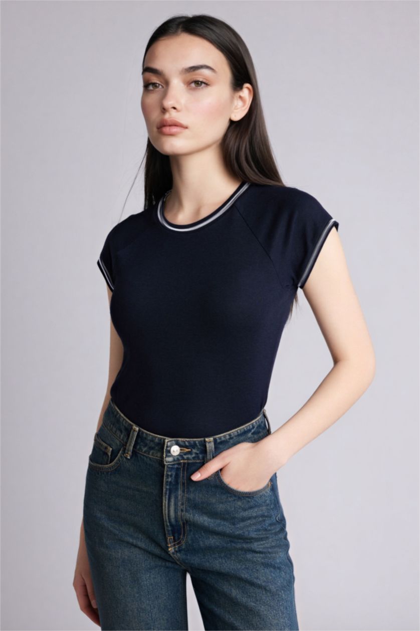 WOMAN NAVY Slim Fit Crew Neck Ribbed T-Shirt