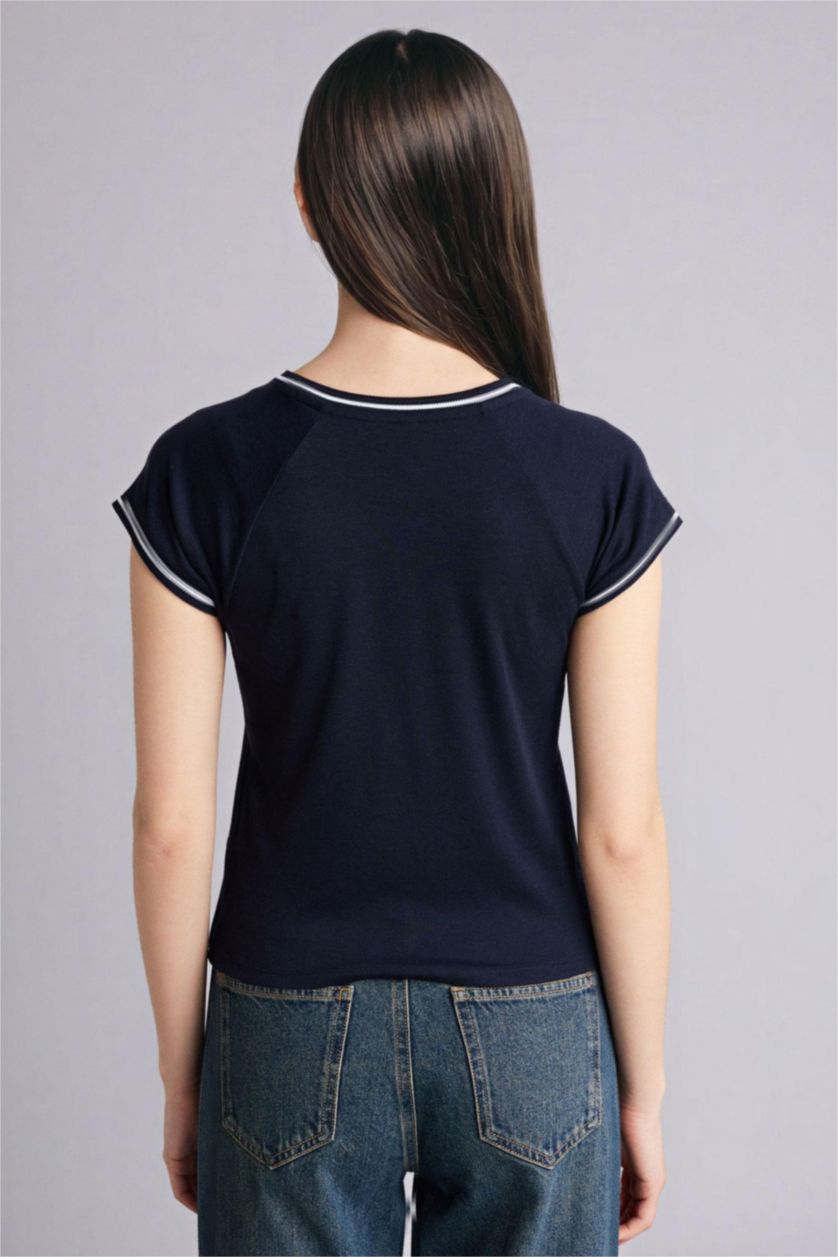 WOMAN NAVY Slim Fit Crew Neck Ribbed T-Shirt