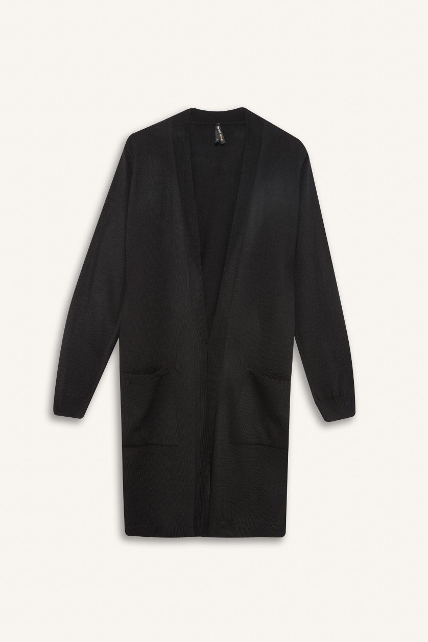 Kadın Siyah Regular Fit V Yaka Basic Düz Cepli Uzun Triko Hırka