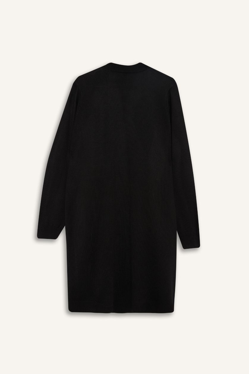 Kadın Siyah Regular Fit V Yaka Basic Düz Cepli Uzun Triko Hırka