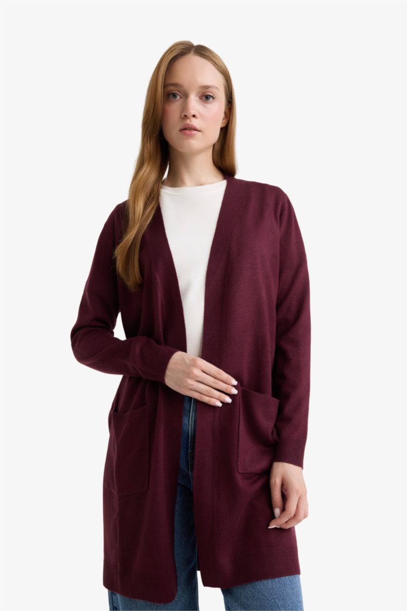 Женщины Бордовый Кардиган Regular Fit с V-образным вырезом