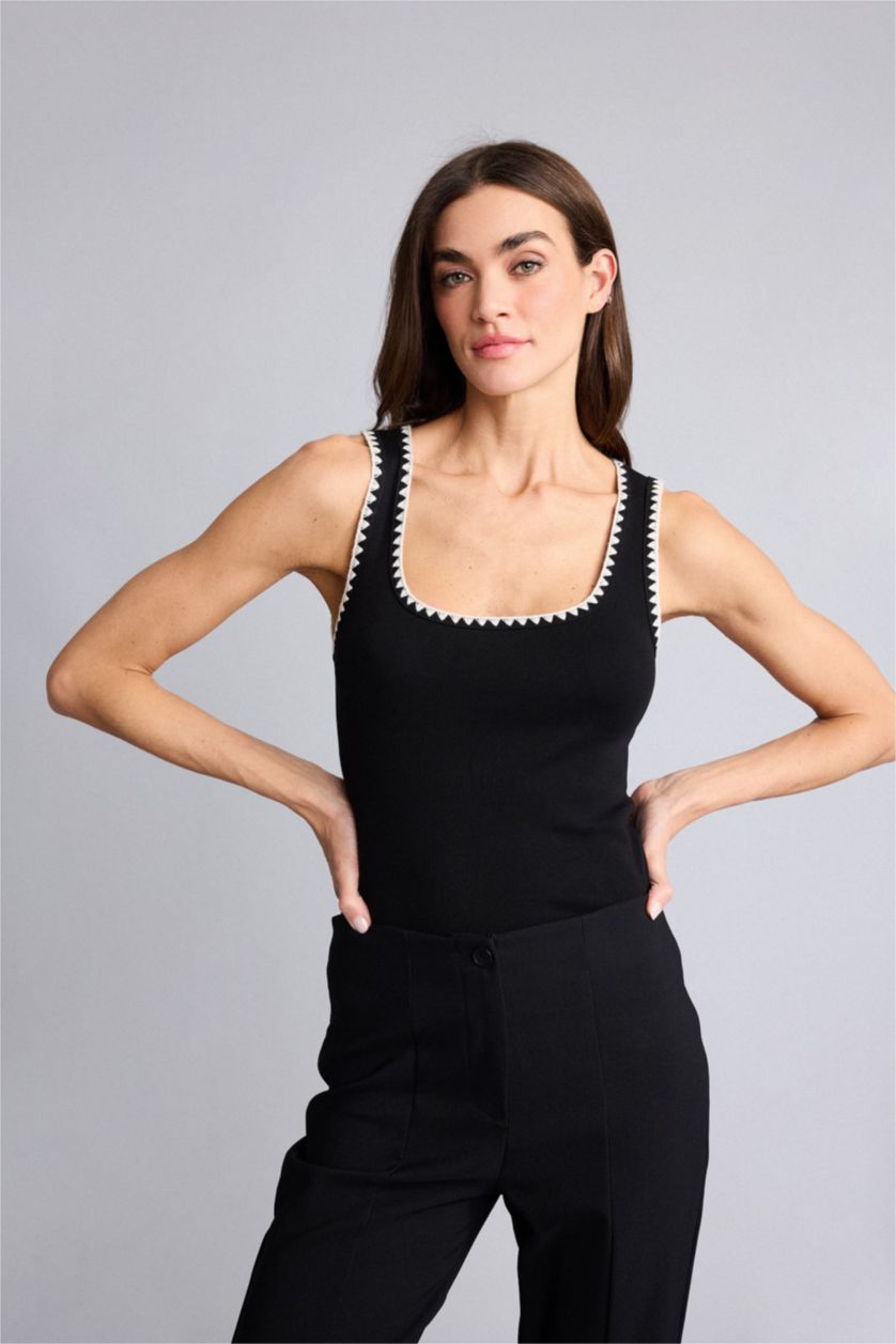 WOMAN Black Slim Fit Ribana Round Collar Tank Top