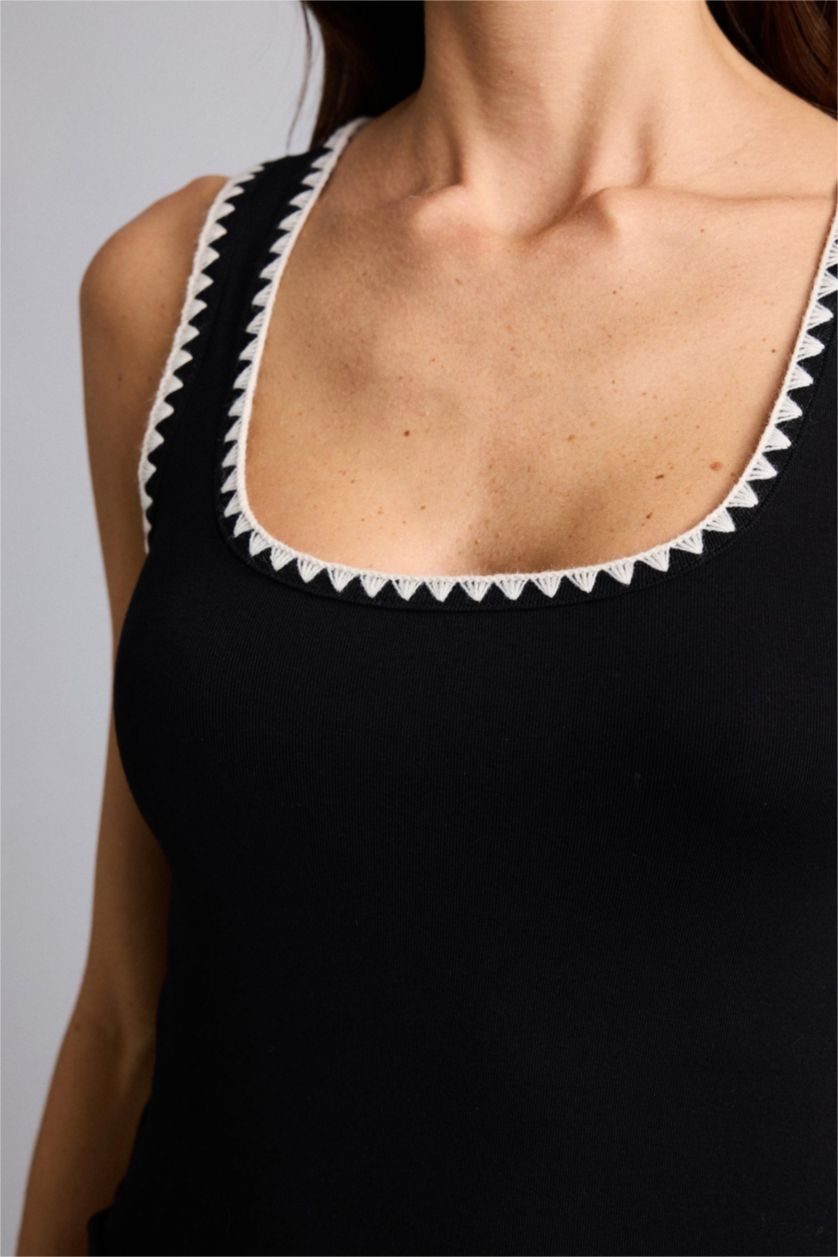WOMAN Black Slim Fit Ribana Round Collar Tank Top