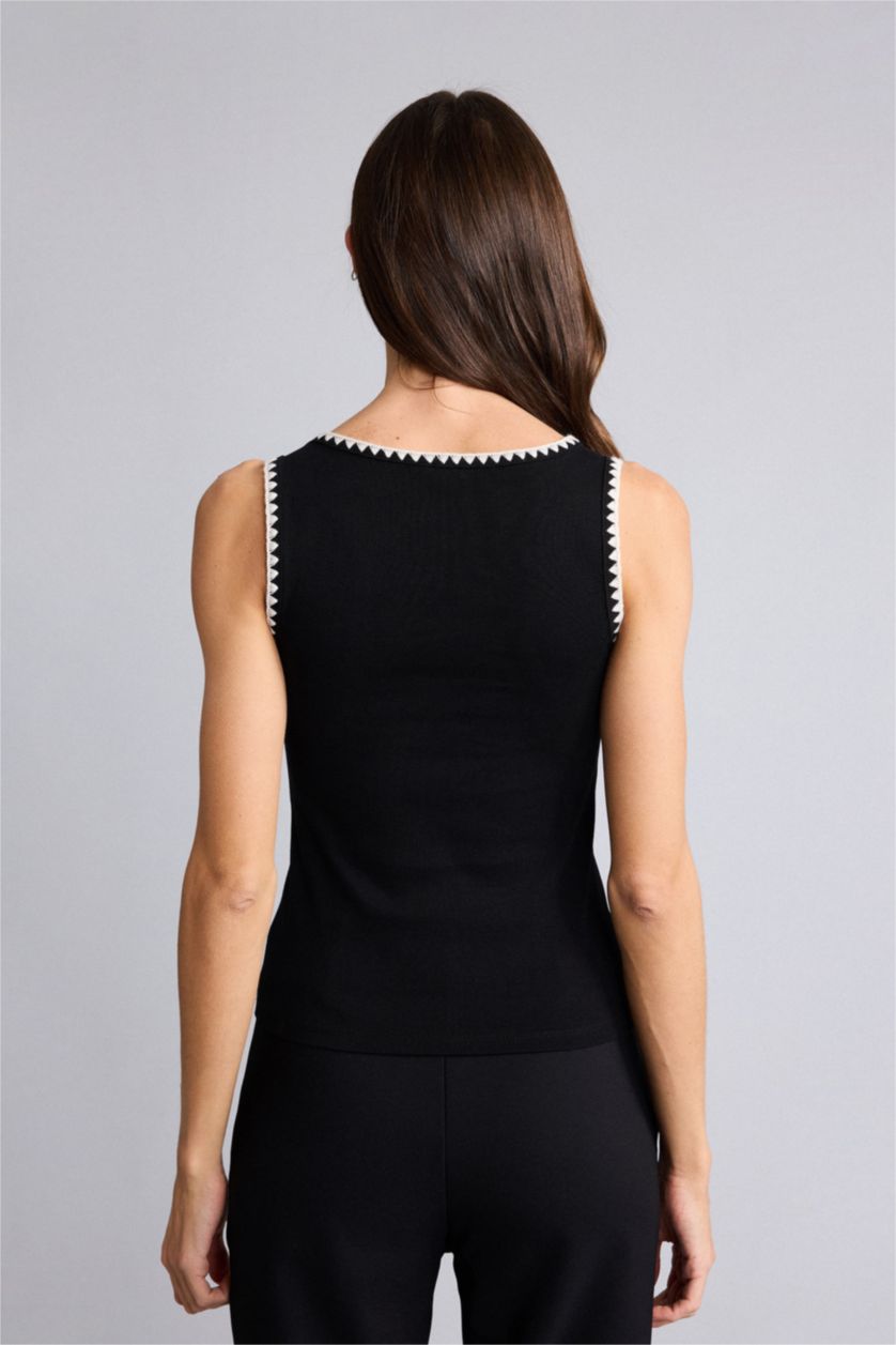 WOMAN Black Slim Fit Ribana Round Collar Tank Top