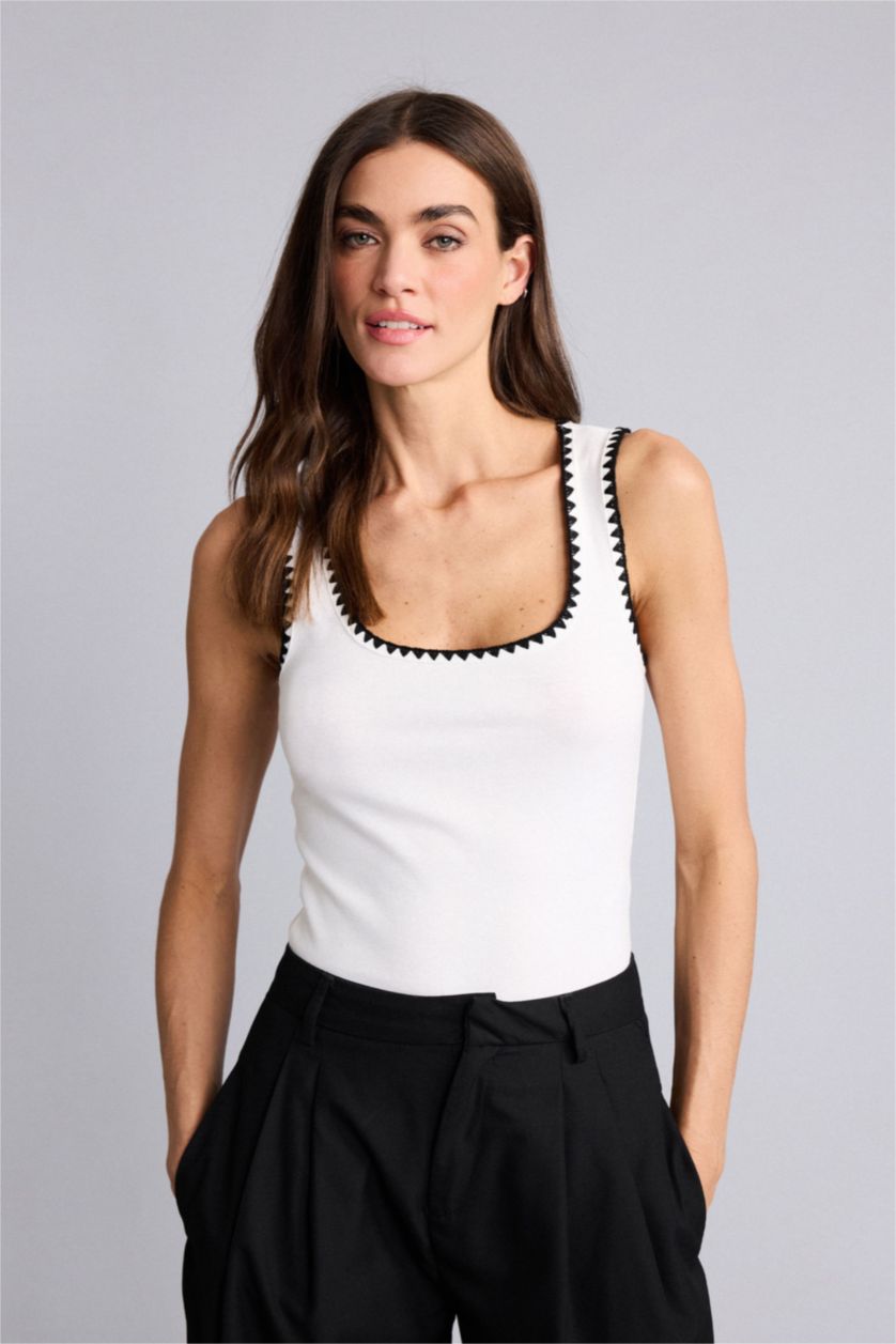 WOMAN Ecru Slim Fit Ribana Round Collar Tank Top