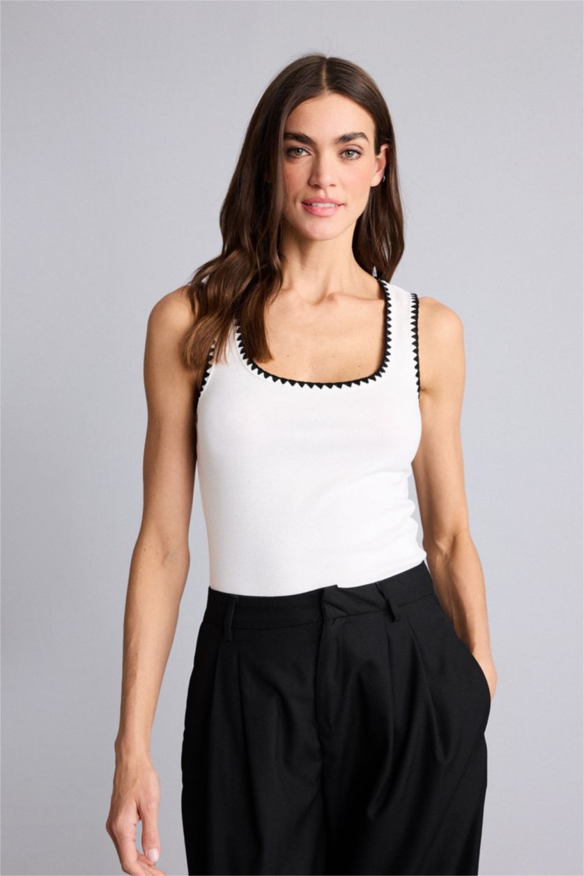 WOMAN Ecru Slim Fit Ribana Round Collar Tank Top