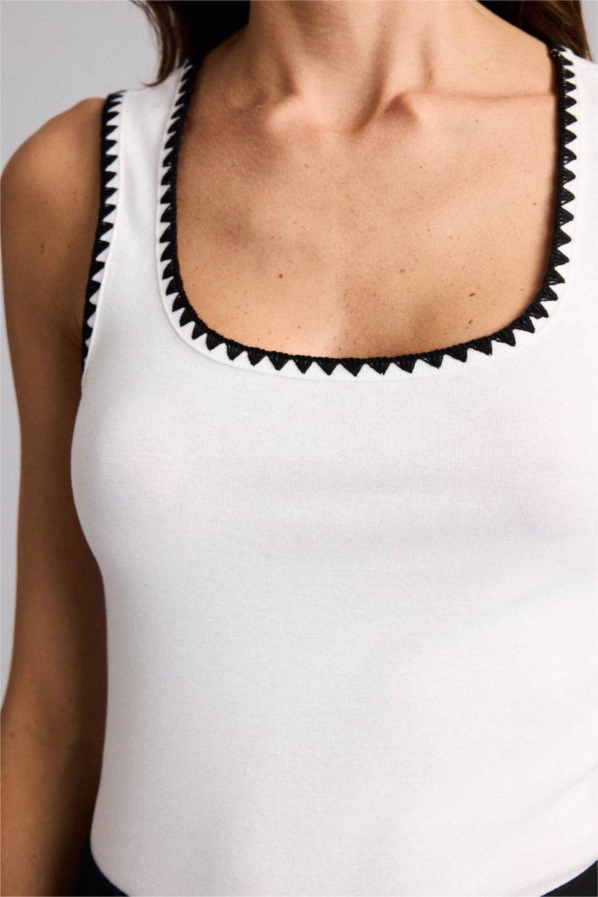 WOMAN Ecru Slim Fit Ribana Round Collar Tank Top