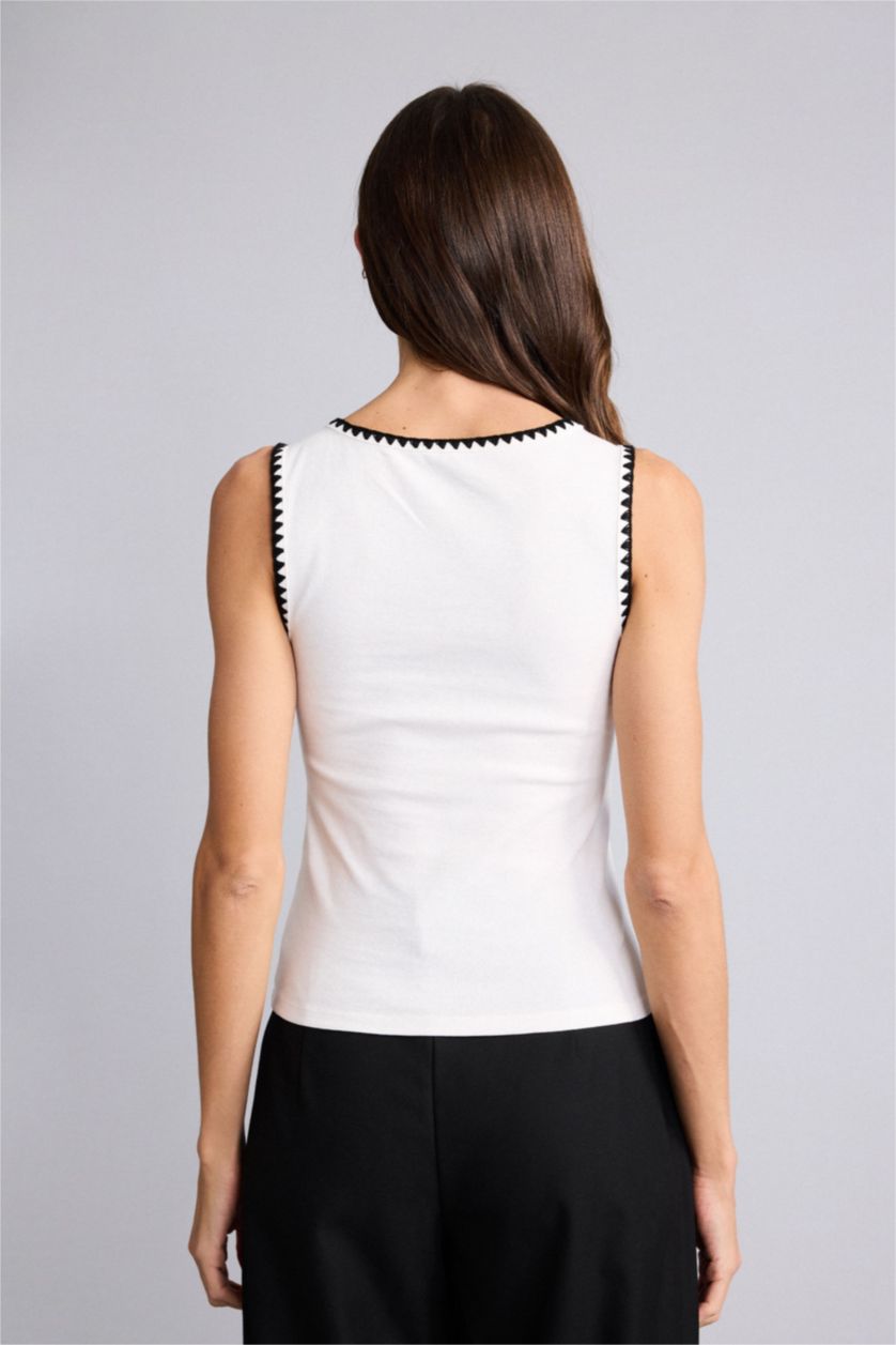 WOMAN Ecru Slim Fit Ribana Round Collar Tank Top