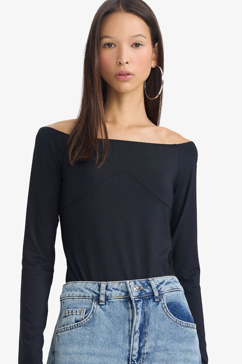 WOMAN Black Woman Slim Fit Basic Long Sleeve Bodysuit