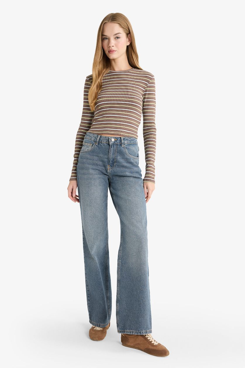 Kadın Açık Kahve Fitted Bisiklet Yaka Çizgili Ribana Uzun Kollu Tişört