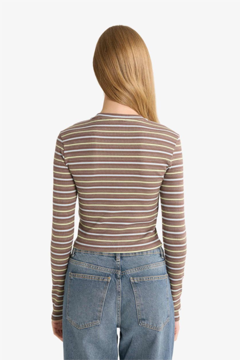 Kadın Açık Kahve Fitted Bisiklet Yaka Çizgili Ribana Uzun Kollu Tişört