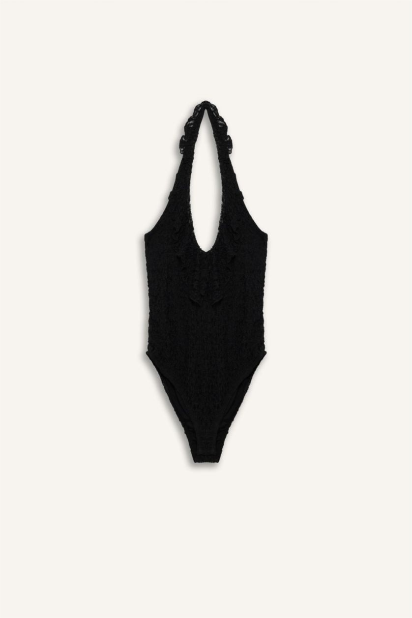 Kadın Siyah Halter Yaka Dantel Bluz