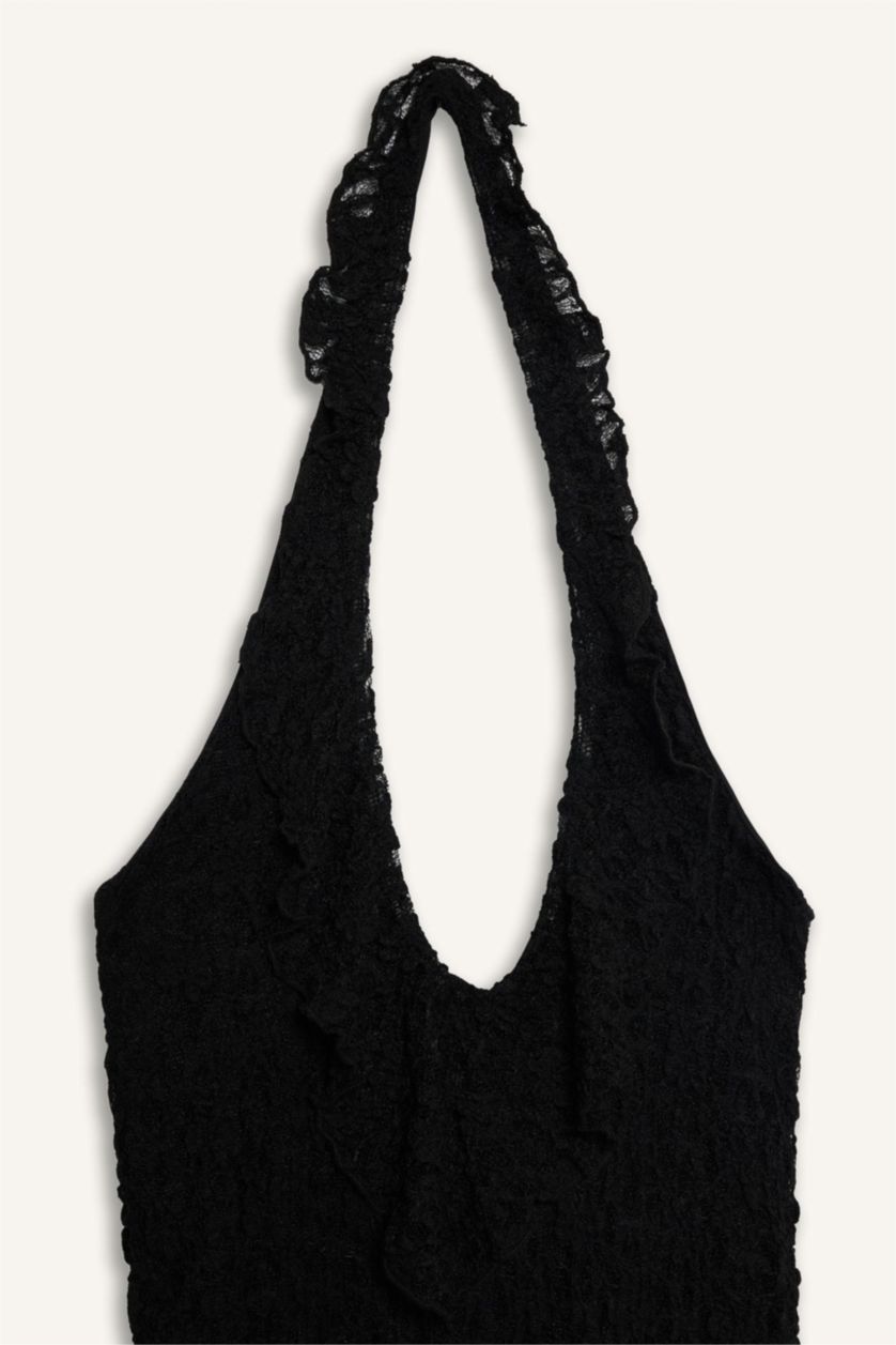 Kadın Siyah Halter Yaka Dantel Bluz