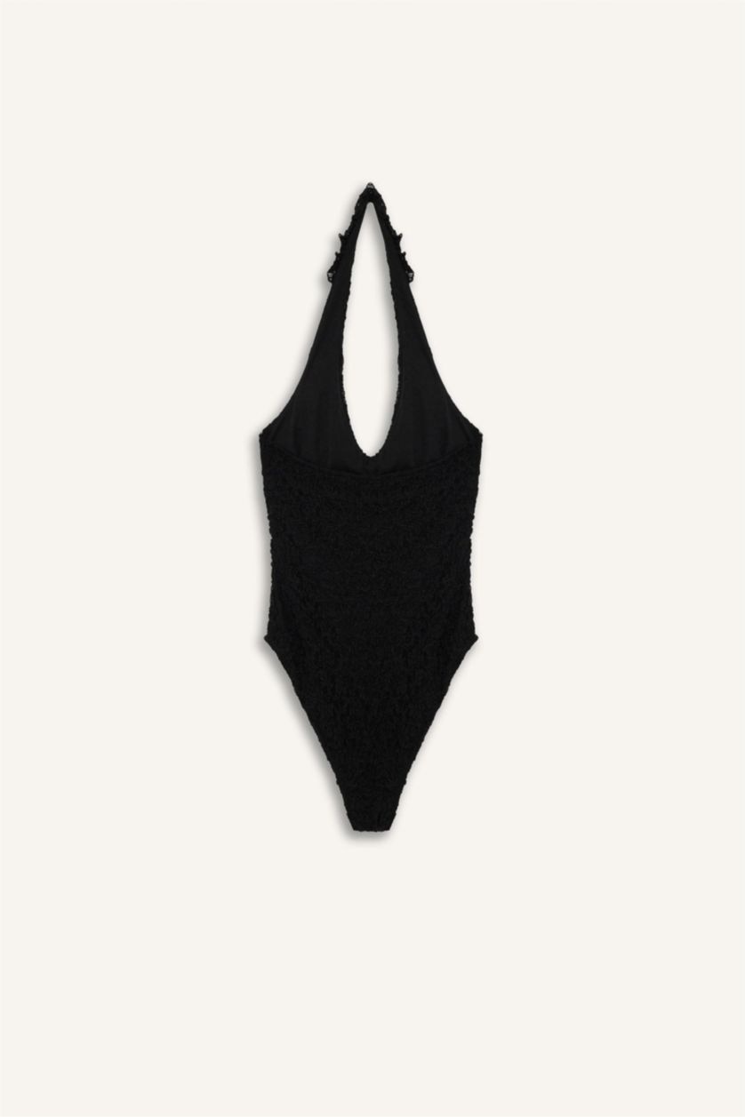 Kadın Siyah Halter Yaka Dantel Bluz