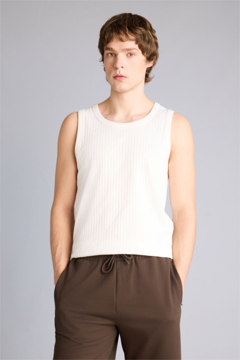 Men Ecru Regular Fit Camisole Crew Neck Short Sleeve Tank Top