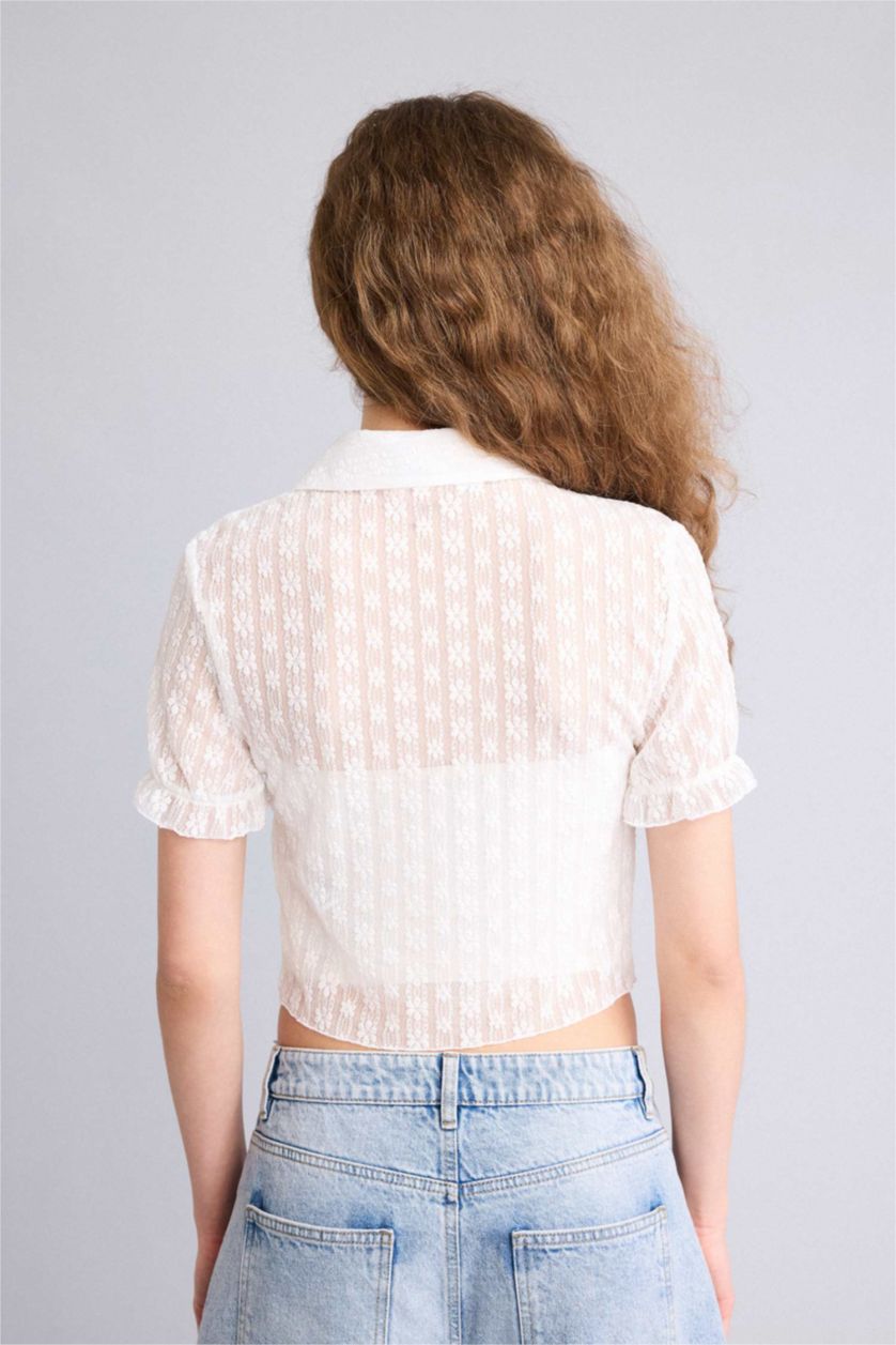 Женщины Кремовый Рубашка с коротким рукавом приталенного кроя с кружевом для женщин