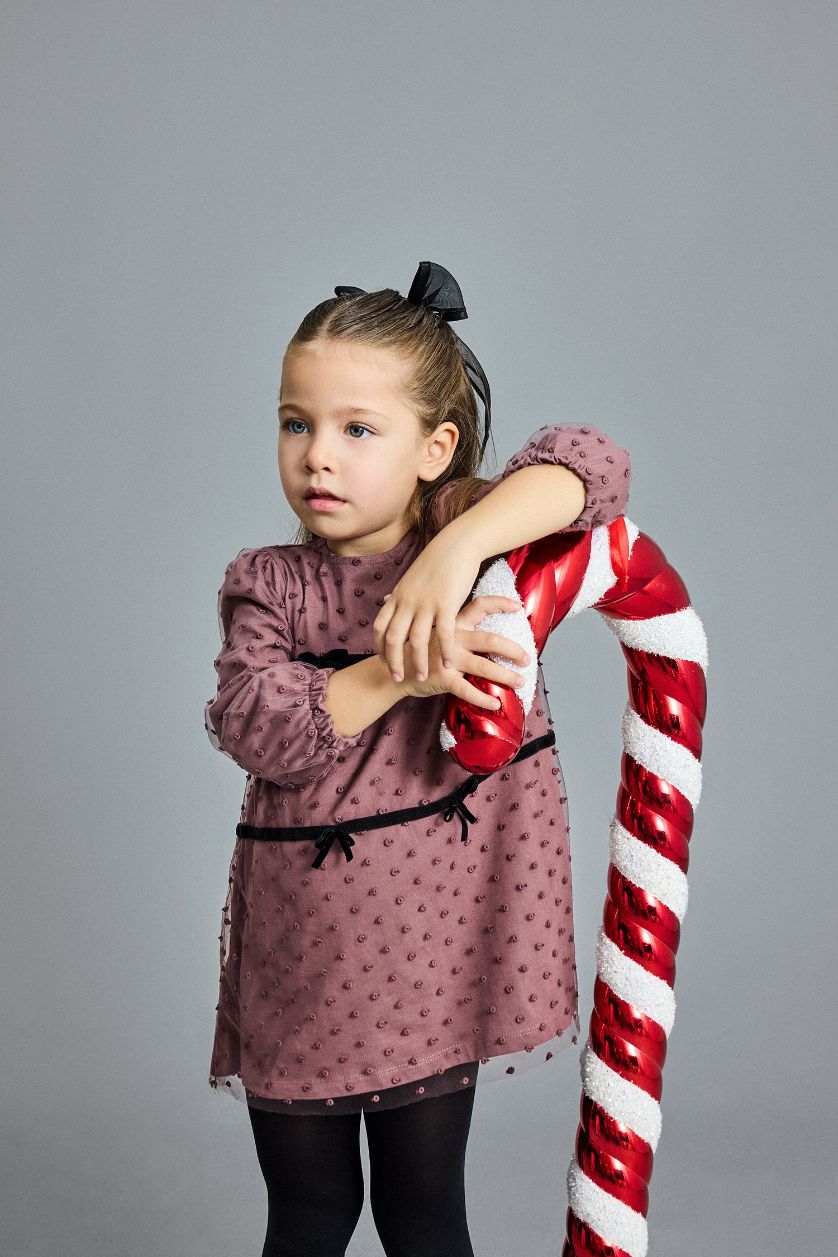 Kız Bebek Gülkurusu Yılbaşı Temalı Puantiyeli Fiyonk Detaylı Uzun Kollu Tül Elbise Kız Bebek