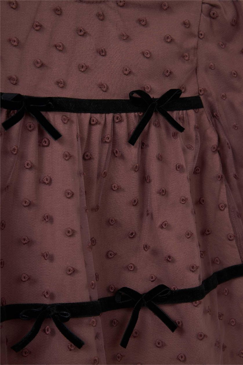 Kız Bebek Gülkurusu Yılbaşı Temalı Puantiyeli Fiyonk Detaylı Uzun Kollu Tül Elbise Kız Bebek