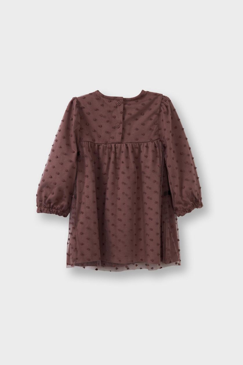 Kız Bebek Gülkurusu Yılbaşı Temalı Puantiyeli Fiyonk Detaylı Uzun Kollu Tül Elbise Kız Bebek