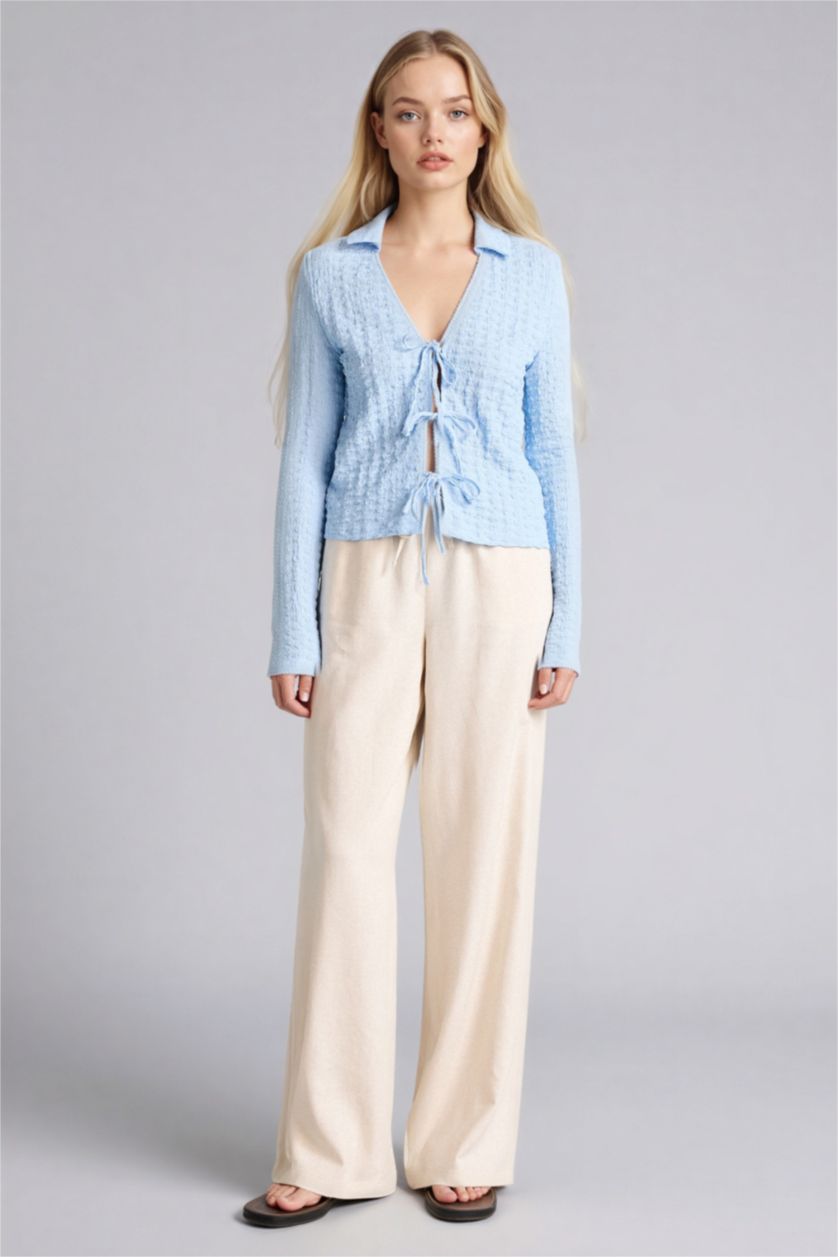 Женщины Светло-синий Блузка Bubble Fitted с рубашечным воротником и длинным рукавом