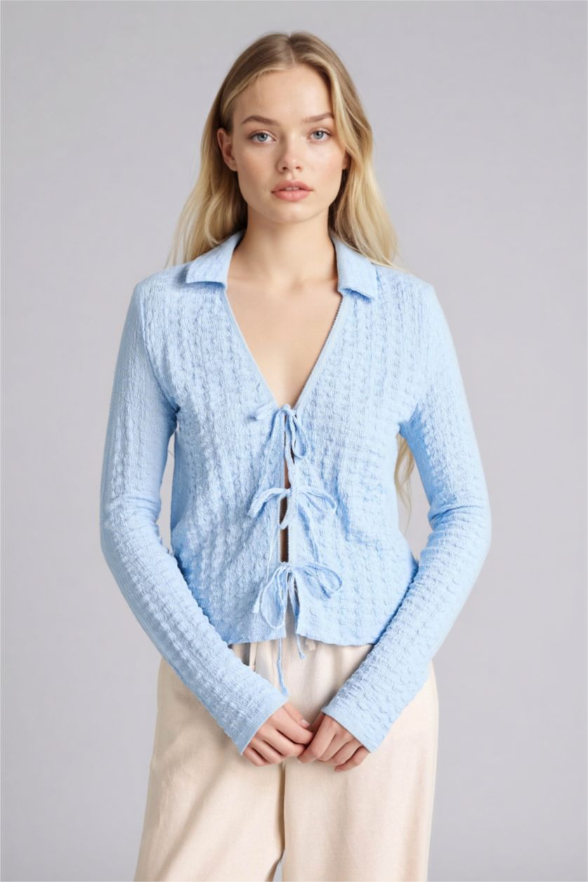 Женщины Светло-синий Блузка Bubble Fitted с рубашечным воротником и длинным рукавом