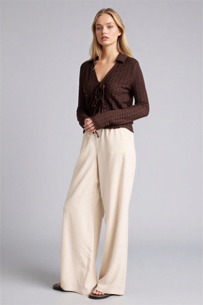 Woman Brown Slim Fit Shirt Collar Long Sleeve Blouse