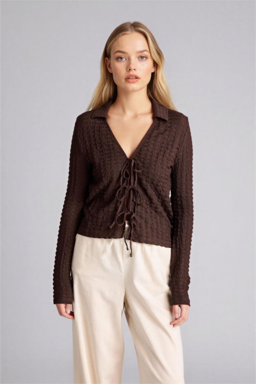 Woman Brown Slim Fit Shirt Collar Long Sleeve Blouse