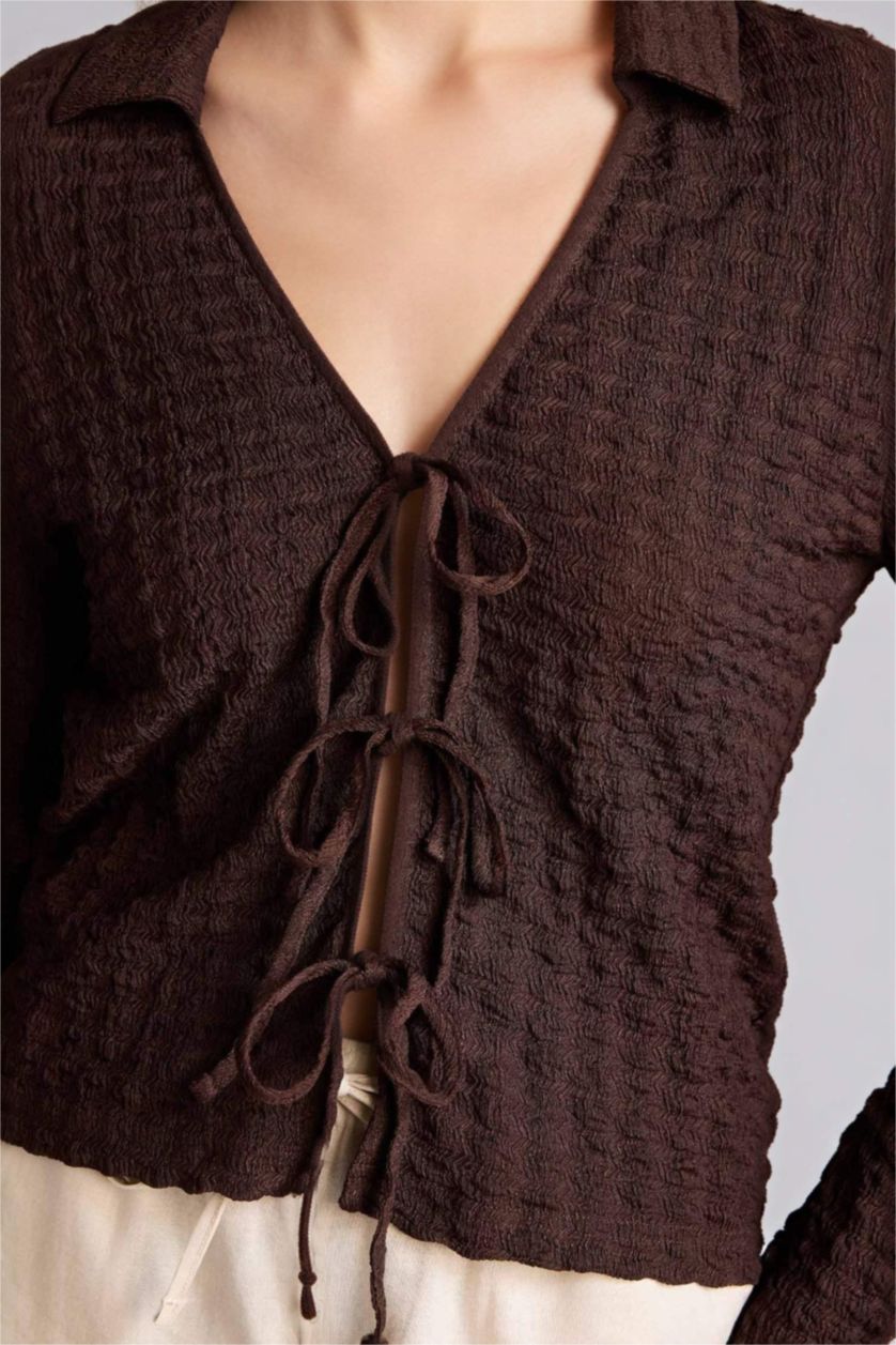 Woman Brown Slim Fit Shirt Collar Long Sleeve Blouse