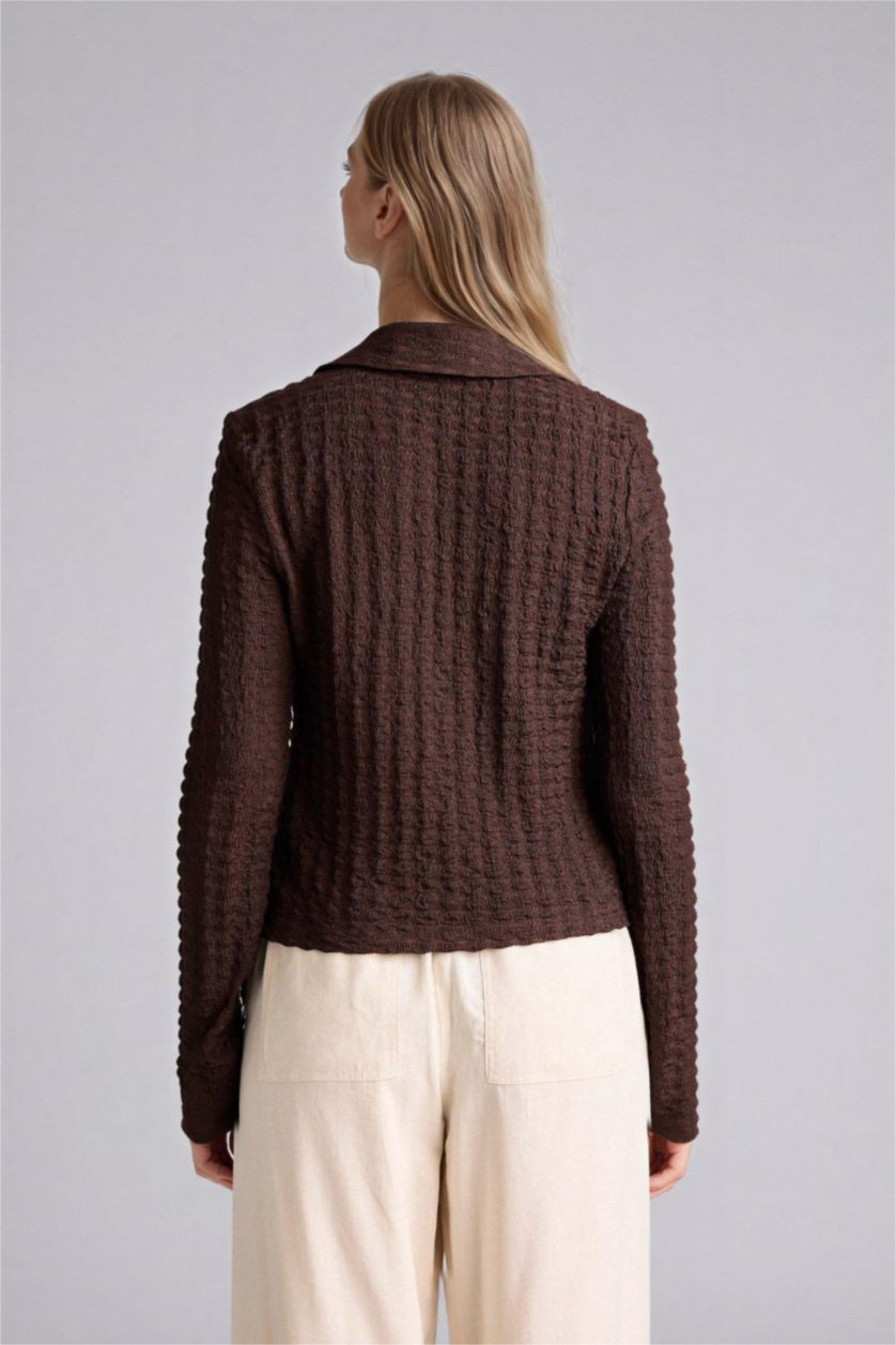 Woman Brown Slim Fit Shirt Collar Long Sleeve Blouse