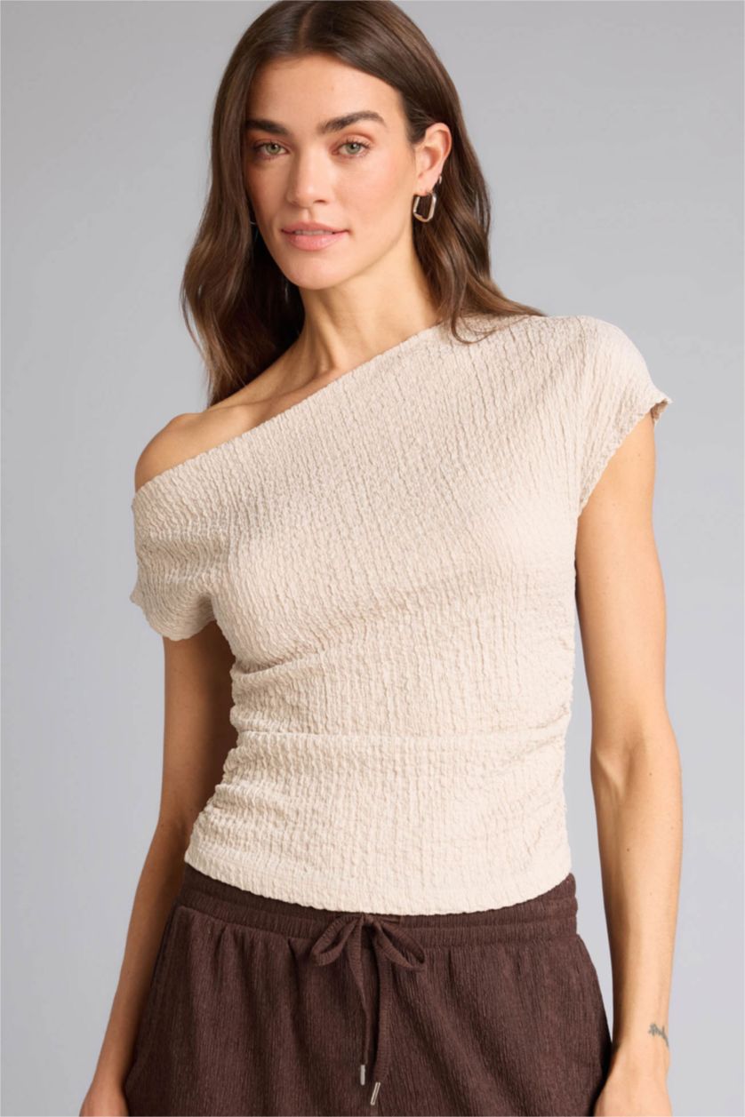 WOMAN Beige Slim Fit One Shoulder Crepe Short Sleeve T-shirt