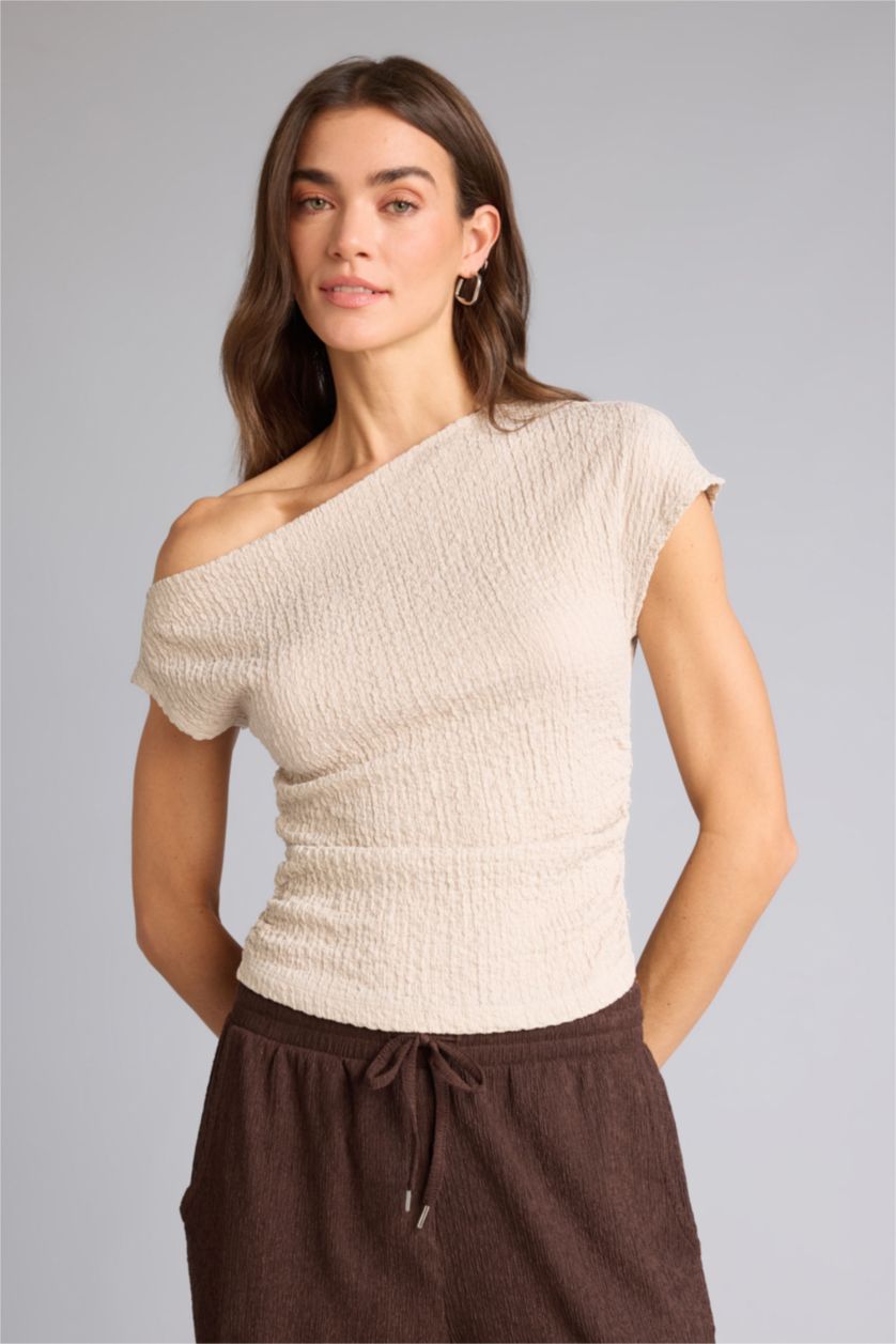 WOMAN Beige Slim Fit One Shoulder Crepe Short Sleeve T-shirt