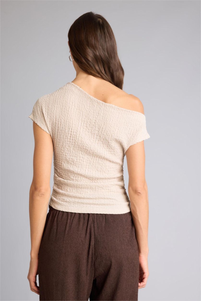 WOMAN Beige Slim Fit One Shoulder Crepe Short Sleeve T-shirt