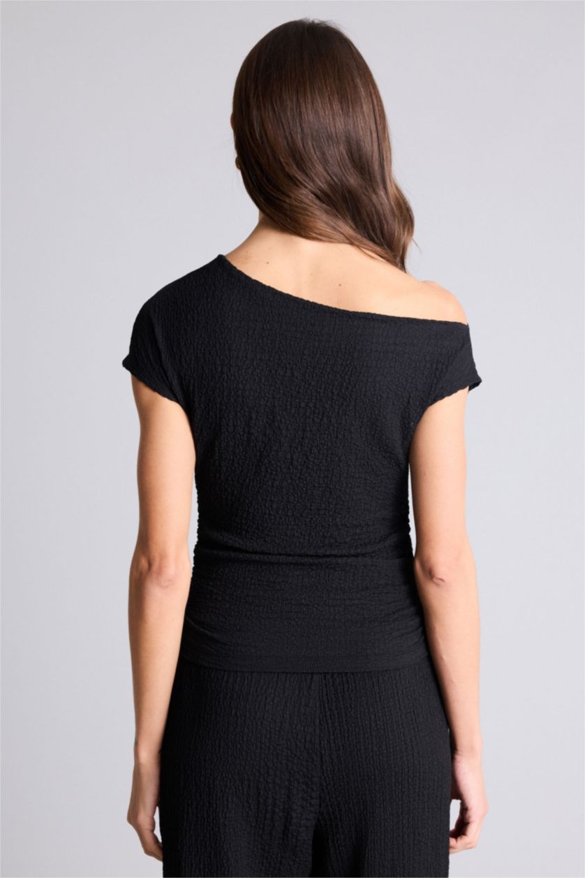 WOMAN Black Slim Fit One Shoulder Crepe T-Shirt
