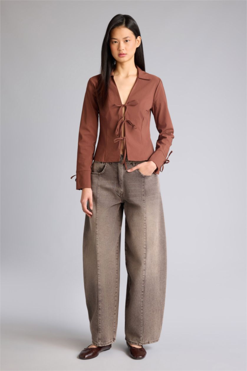 Женщины Коричневый Блузка с длинным рукавом приталенного кроя бенгалин для женщин