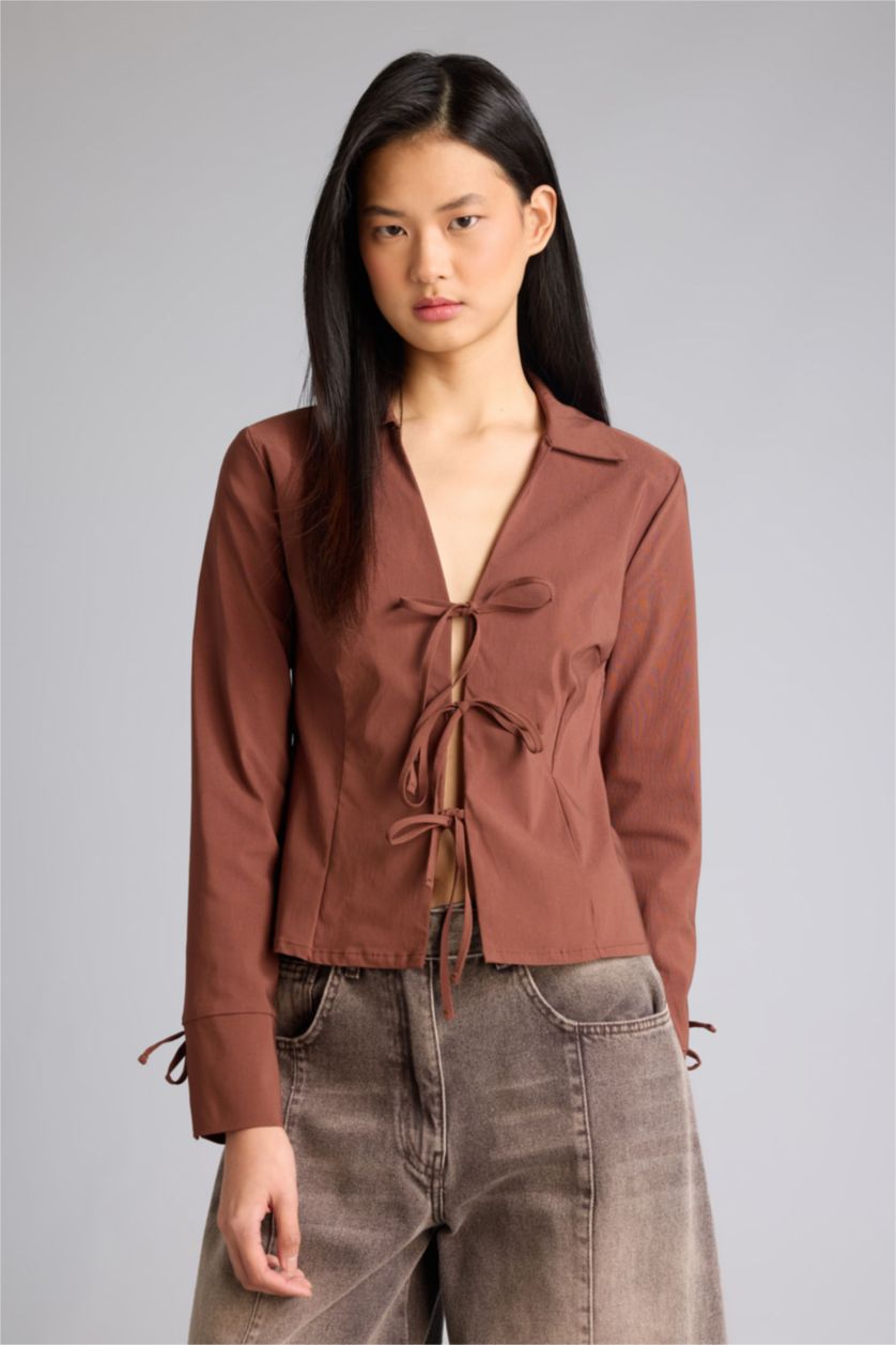 Женщины Коричневый Блузка с длинным рукавом приталенного кроя бенгалин для женщин