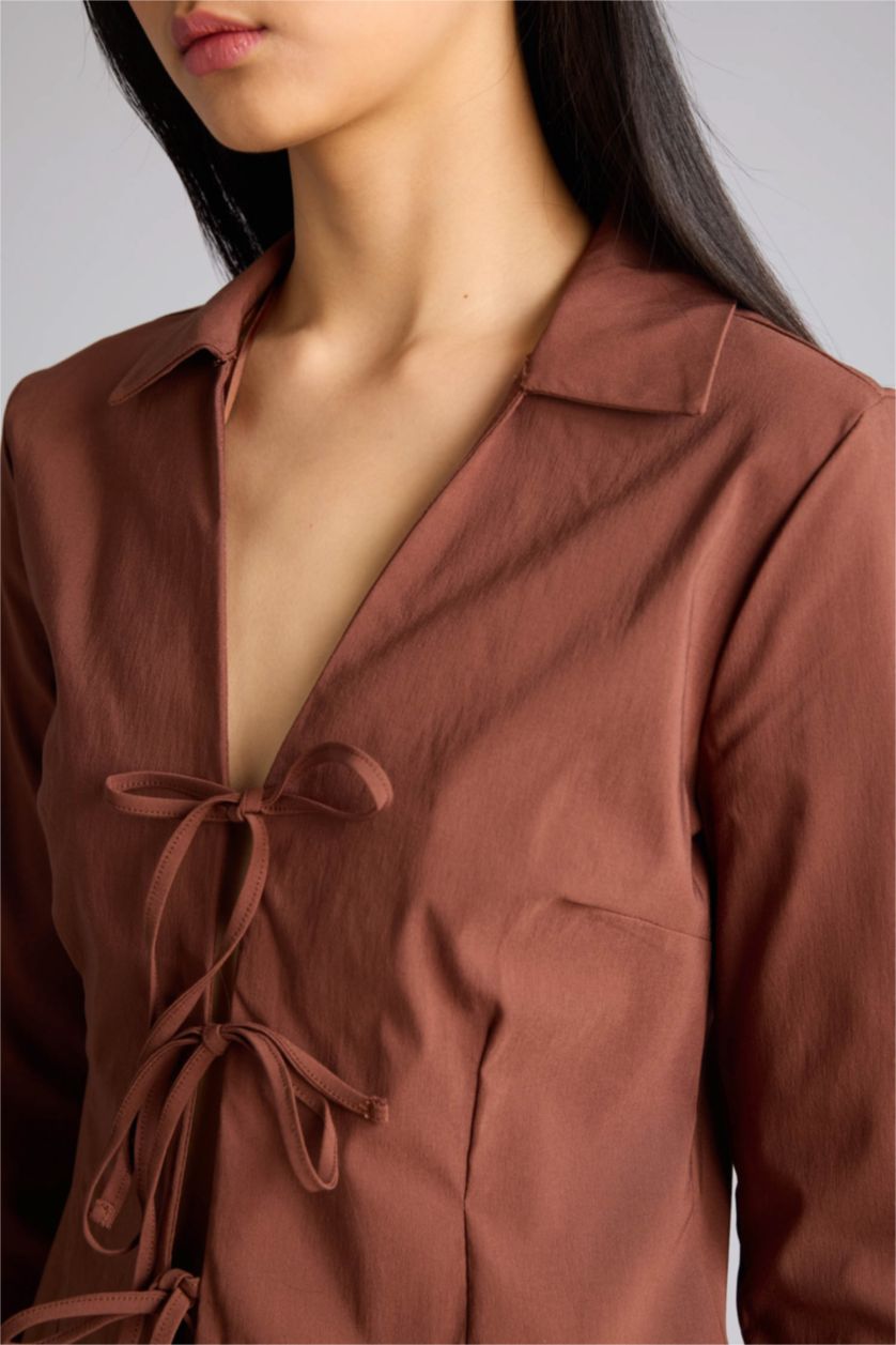 Женщины Коричневый Блузка с длинным рукавом приталенного кроя бенгалин для женщин