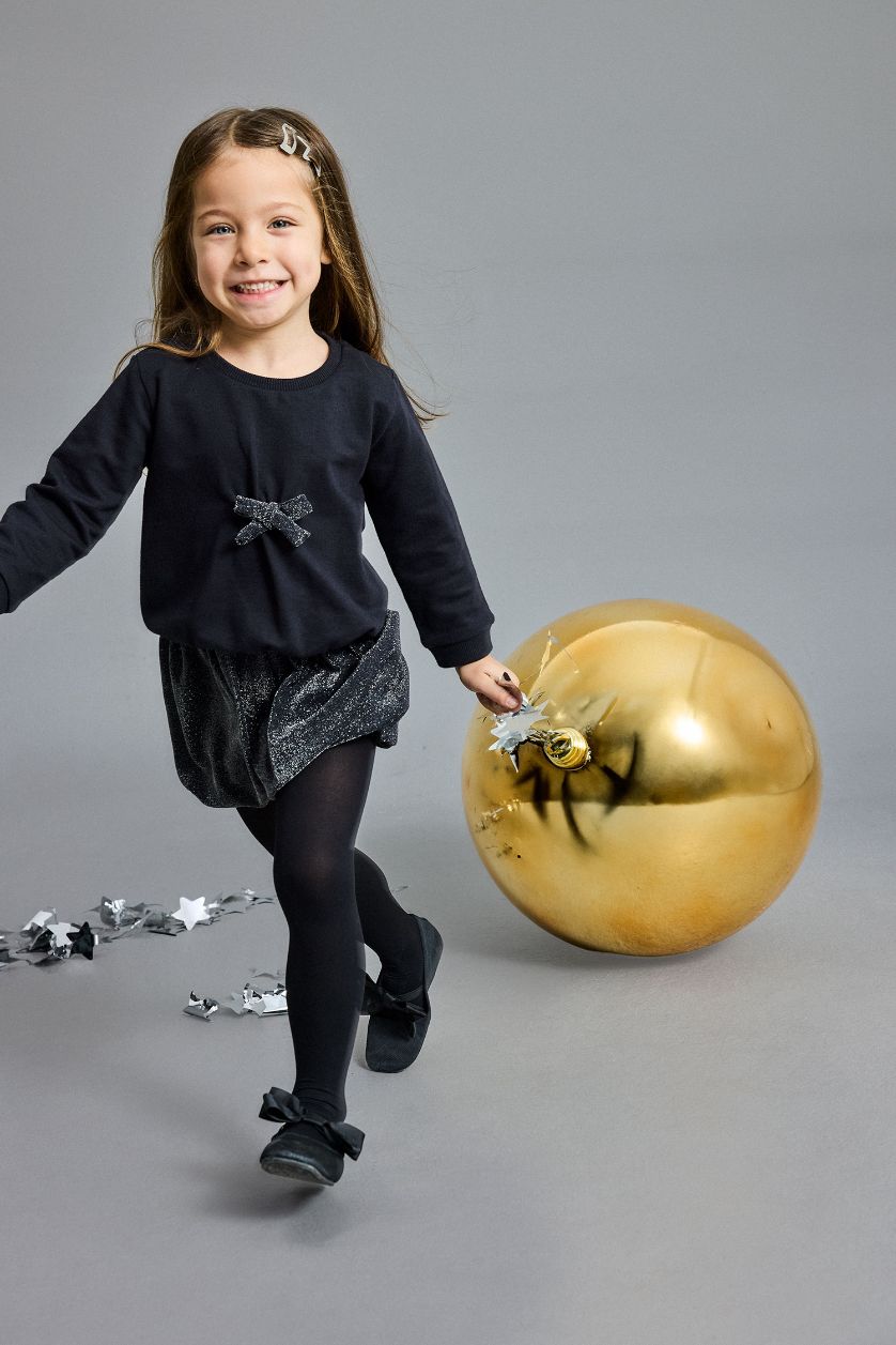 Kız Bebek Siyah Yılbaşı Temalı 2'li Takım Fiyonklu Sweatshirt Etek Kız Bebek