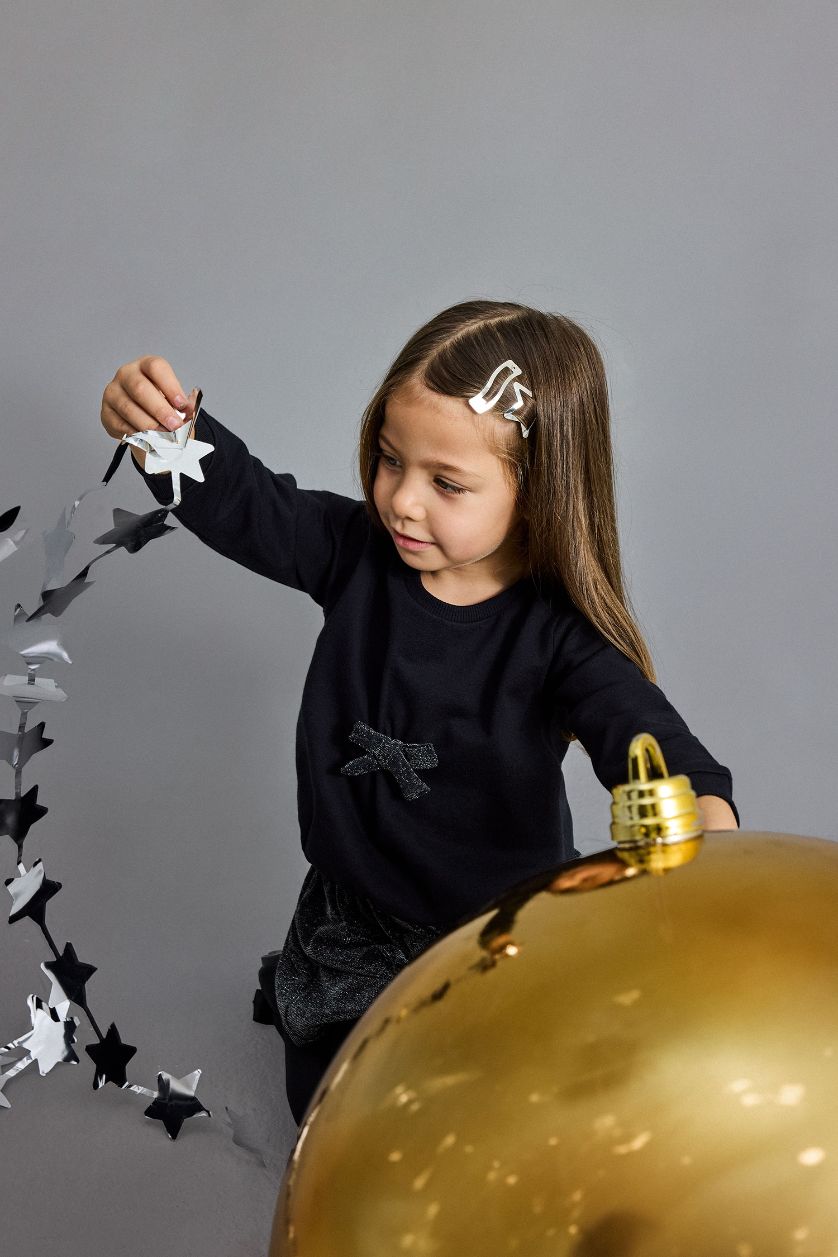 Kız Bebek Siyah Yılbaşı Temalı 2'li Takım Fiyonklu Sweatshirt Etek Kız Bebek