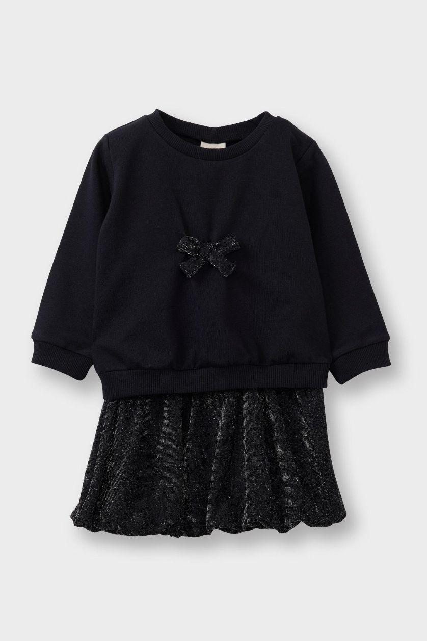 Kız Bebek Siyah Yılbaşı Temalı 2'li Takım Fiyonklu Sweatshirt Etek Kız Bebek