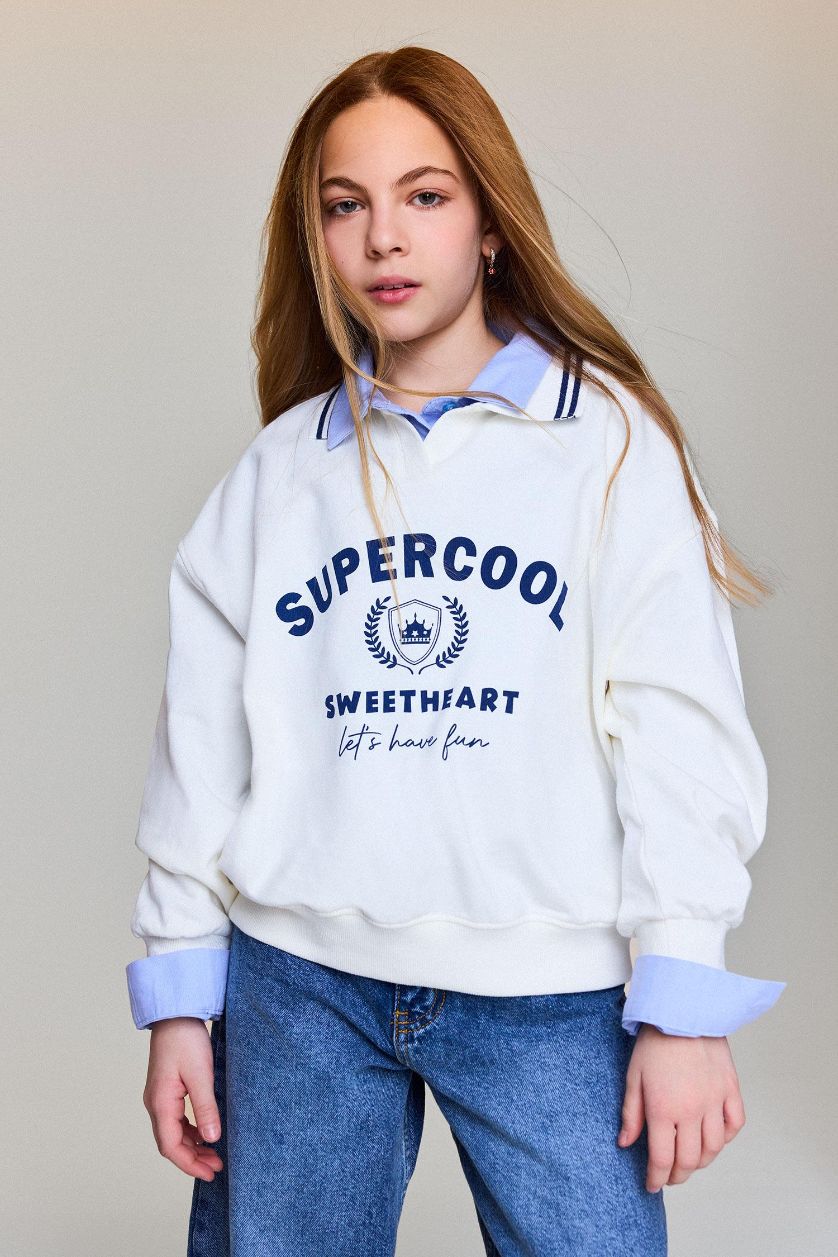 FILLES Écru Sweat-shirt avec imprimé à col polo pour fille